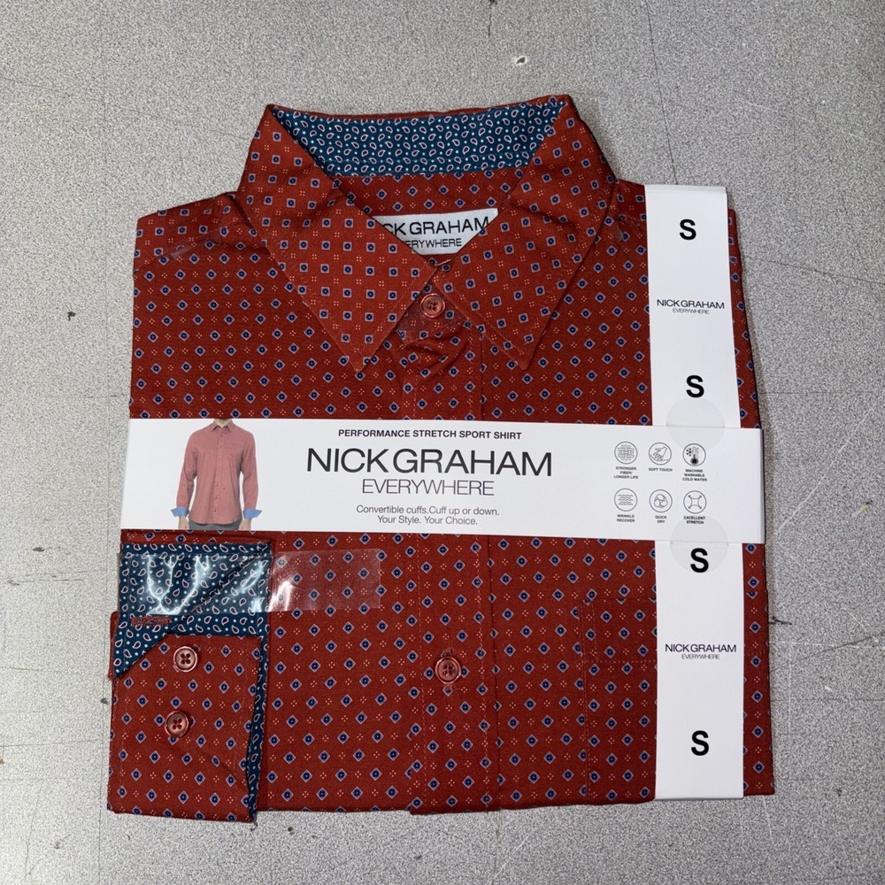 Nick Graham Everywhere Mens Performance Stretch Sport Shirt Small Rust Geometric